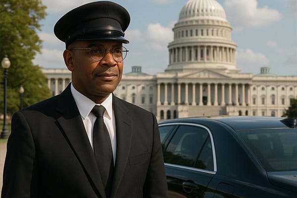 Private Chauffeur Driver in front of capitol building Washington DC, Professional Chauffeur Service